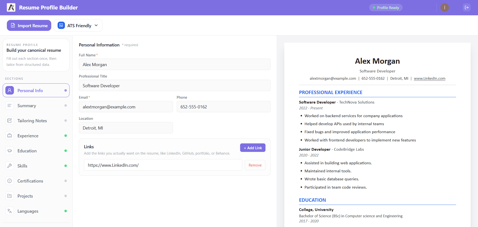 AutoTailor profile builder where users create their reusable resume profile