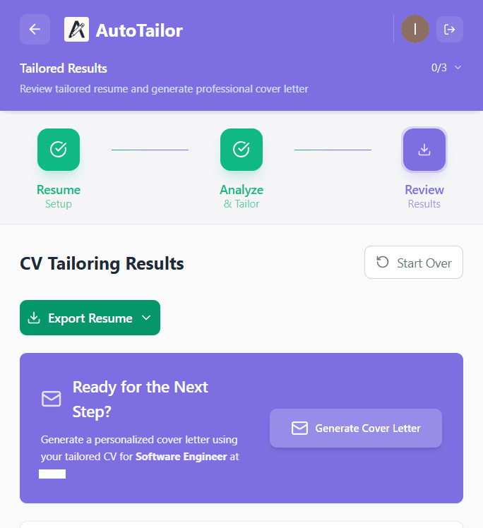 Tailored resume generated from AutoTailor profile flow