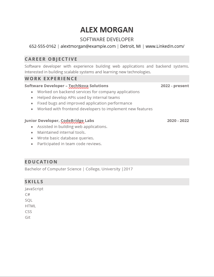 Resume before tailoring — generic software developer resume